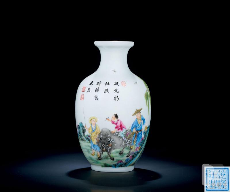 民国 珐琅彩牧牛图诗文灯笼瓶